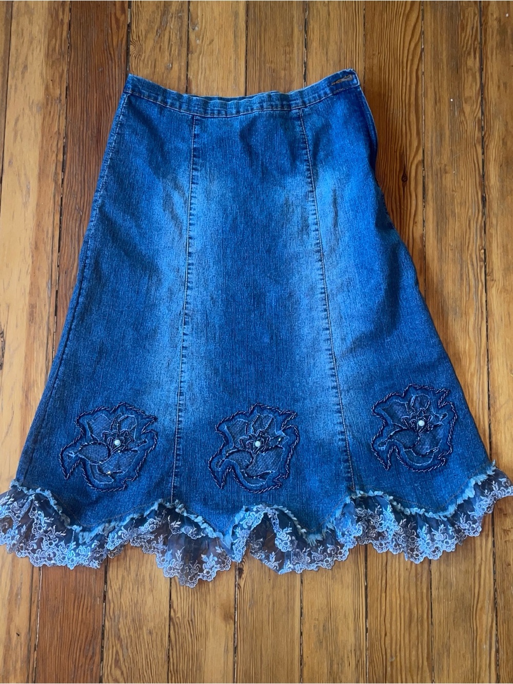 Denim A-Line Midi Skirt with Lace Hem & Floral Embroidery
